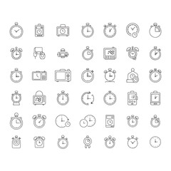 Collection of various line art icons representing timekeeping devices.
