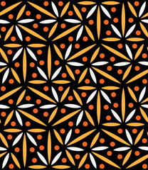 Seamless floral pattern with a retro design of small white, orange, and yellow flowers and leaves on a black background in a simple and elegant style. Abstract geometric vector illustration.