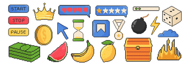 Game icon set. Pixel art object in 8 bit style. Bomb, dialog boxes, hourglass, money, fruit, chest, reward, fire.