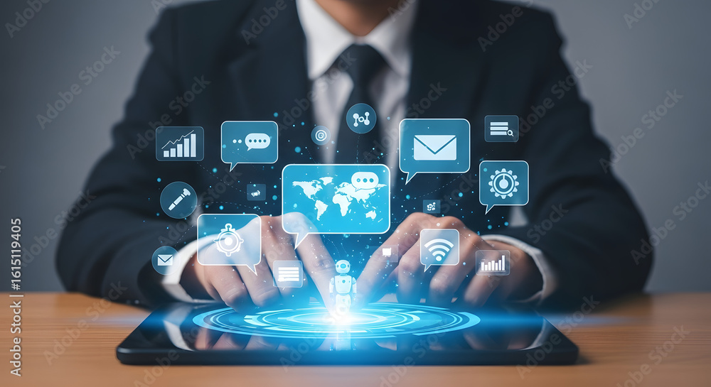 Poster businessman using a tablet with digital interface showing communication and technology icons.