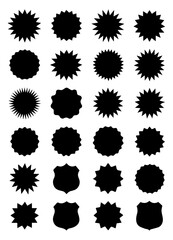 Set of  High-Resolution Black Vector Badge Shapes with Starburst and Sunburst Styles, Retro and Decorative Emblems for Labels and Promotions, Editable Formats: AI, EPS, JPG, PNG, 