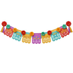 Colorful papel picado banner for dia de los muertos celebration isolated on transparent background