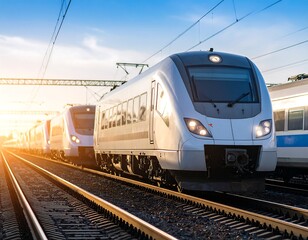 Fototapeta premium Modern train on tracks at sunset