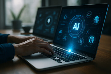 AI generated futuristic scene of human hands typing on laptop with glowing AI holographic interface and digital icons floating in cyber office space