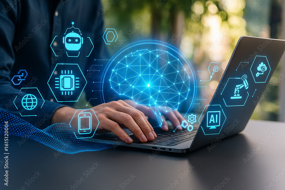 Poster ai generated human hands using laptop with glowing holographic elements showing digital brain smart 