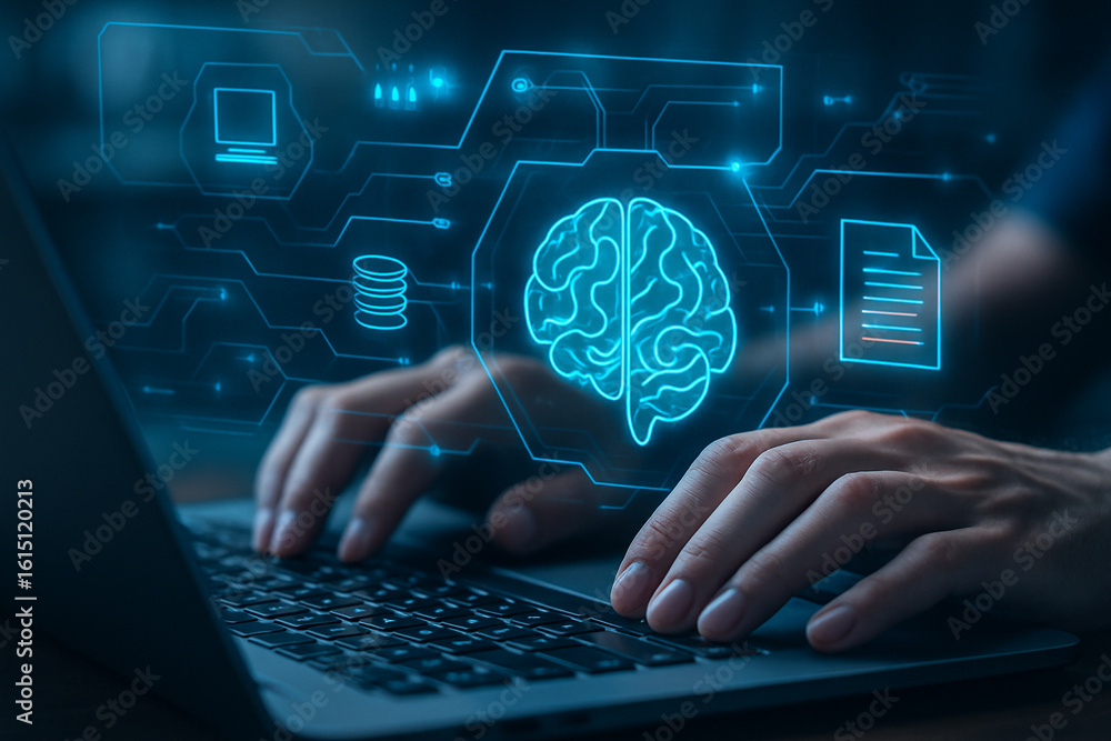 Poster ai generated human hands typing on laptop with glowing holographic brain data icons symbolizing mach