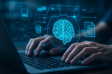 AI generated human hands typing on laptop with glowing holographic brain data icons symbolizing machine learning processing and digital intelligence in a futuristic technology interface