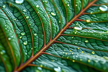 Macro of Green Leaf with Red Vein and Water Drops
