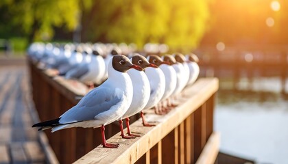 Gulls perched on a wooden railing