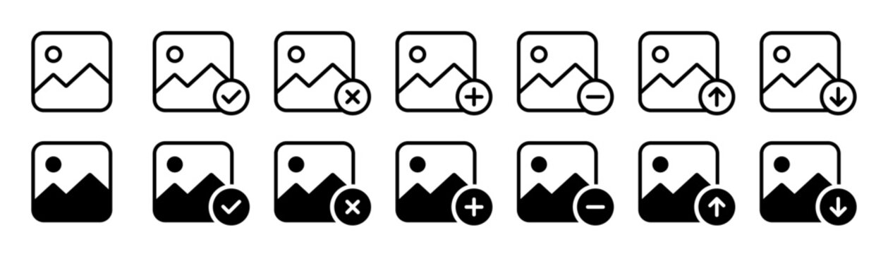 Image gallery icon set. Image picture symbol. Add image or picture icon set. Photo album icon. Image download and upload icons. Image delete sign. Vector illustration