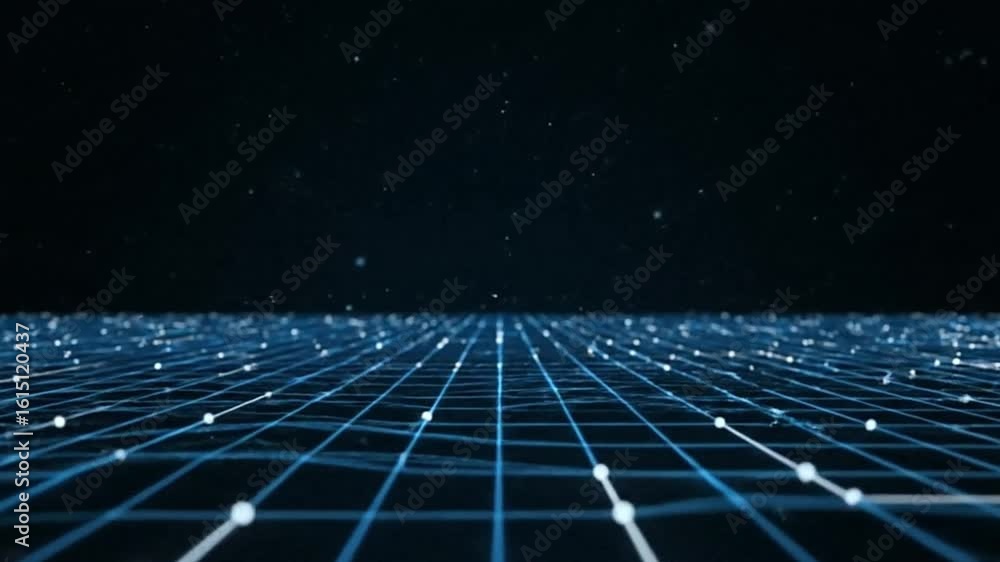 Poster dark backdrop with a 3d blue grid extending to a horizon