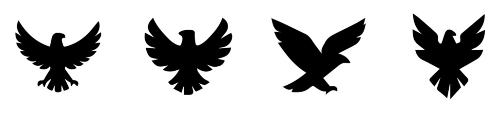 Obraz premium Eagle Silhouette Vector Set, Bold Black Bird Shapes in Flight and Perched Poses, Ideal for Logos, Symbols, and Emblems, Editable Formats: AI, EPS, JPG, PNG, Ideal for Both Digital and Print Use 