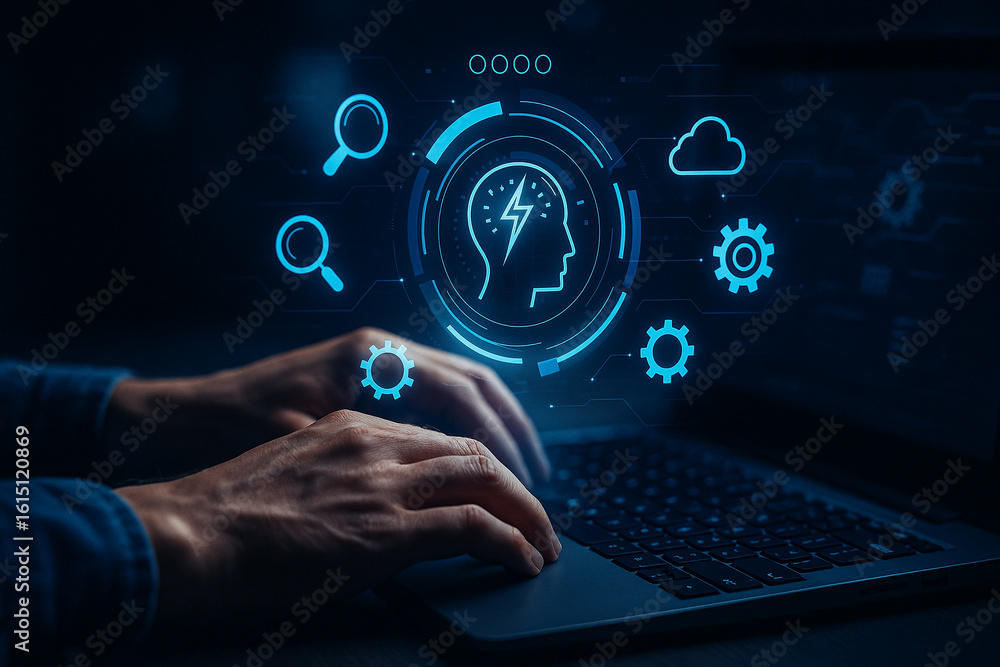 Poster ai generated image showing hands typing on a laptop with glowing blue holographic interface represen