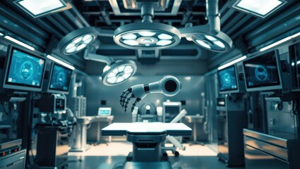 Robotic arm hovering above an operating table in a futuristic surgical room with monitors and lights