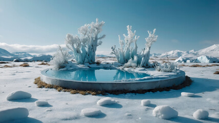 Frozen tundra diorama with snow, permafrost, shrubs, and pond. Cold tones on a circular platform. No people or text.
