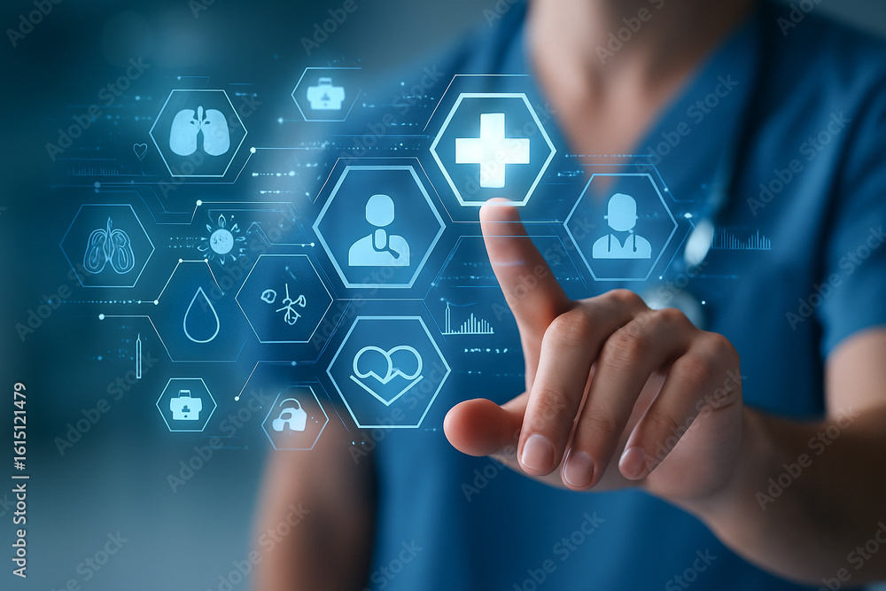 Poster ai generated futuristic scene showing a medical professional interacting with a digital holographic 