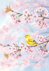 Fototapeta premium A bright yellow bird sits on a branch of blooming cherry blossoms