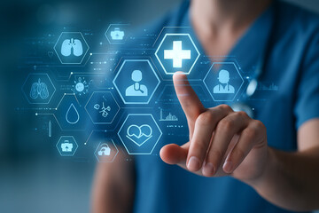 AI generated futuristic scene showing a medical professional interacting with a digital holographic health system using a glowing transparent interface in a clean high tech environment
