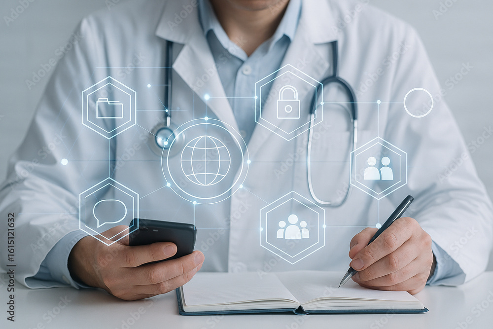 Poster ai generated doctor writing in notebook while interacting with futuristic holographic interface disp