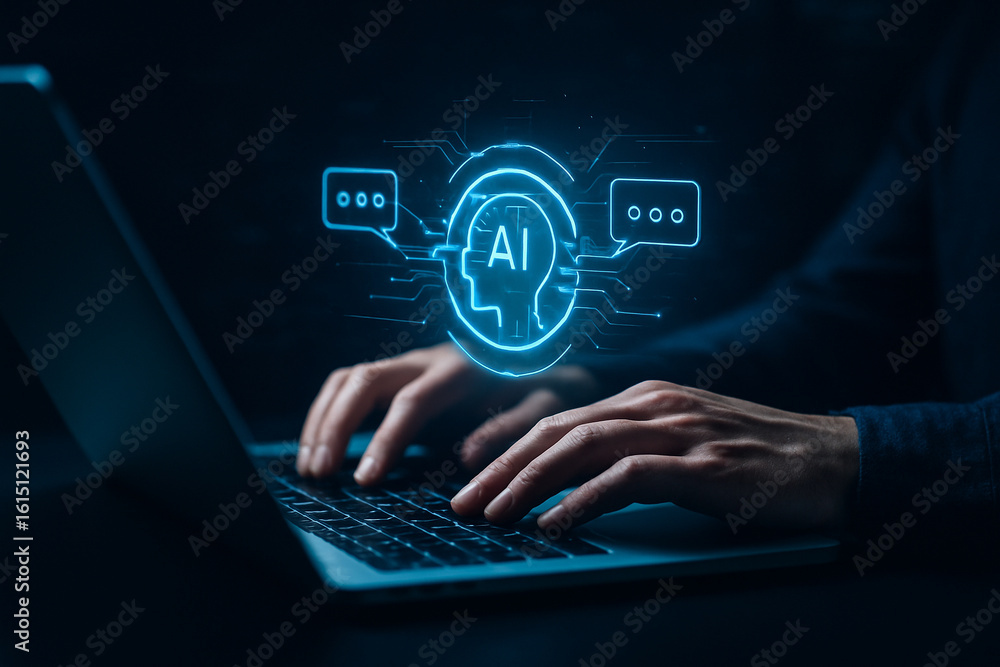 Fototapete ai generated image of hands typing on laptop with glowing holographic ai interface icons showing dig