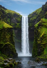 Fototapeta premium Icelandic waterfall, dramatic cliffs and vibrant green moss