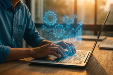 AI generated futuristic scene of man typing on laptop with digital gears and data graphics in a sunlit office showing productivity innovation and seamless automation