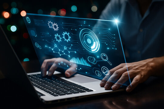 AI generated ultra realistic scene shows hand working on laptop with floating holographic interface displaying digital gears charts and automation icons in a modern cyber environment
