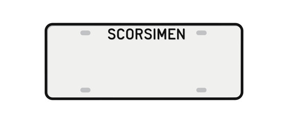 Blank vehicle license plate with the text "SCORSIMEN" printed on it.