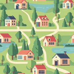 Charming neighborhood map illustration with houses, trees, and winding paths in peaceful community setting
