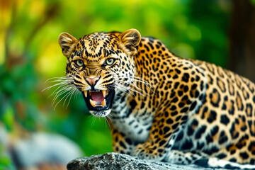 Grinning leopard in an aggressive pose in a wild forest