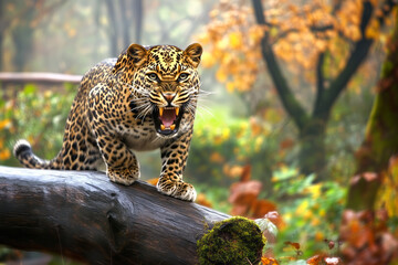 Close-up of a grinning leopard in an aggressive pose in a wild forest