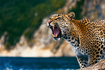 Portrait of a grinning leopard in an aggressive pose in a wild forest