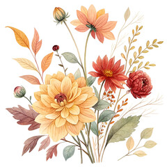 A watercolor painting of dahlias and leaves in shades of orange and yellow on a white background © Asim ali