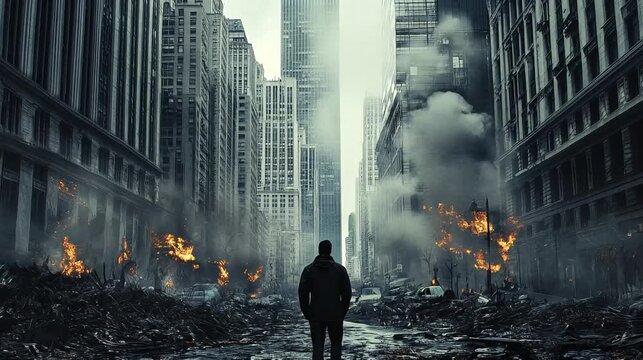 A man walks alone through the ruins of a collapsed city after war, surrounded by destruction, fire, and smoke, symbolizing devastation, survival, and the aftermath of conflict.