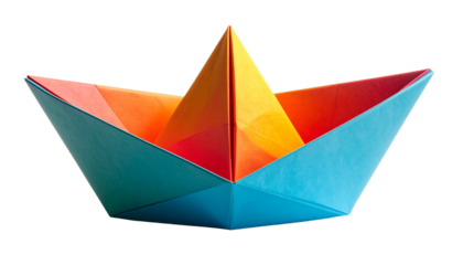 Colorful origami boat crafted from folded paper, designed in a sticker-style with clean edges and subtle shadow, isolated on a transparent PNG background.
