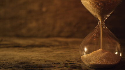 A close-up of an hourglass with flowing sand on wood, symbolizing the passage of time with warm lighting.