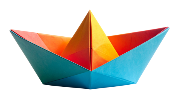 Colorful origami boat crafted from folded paper, designed in a sticker-style with clean edges and subtle shadow, isolated on a transparent PNG background.