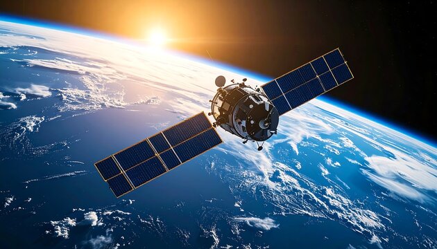 Spacecraft orbiting Earth, sunrise behind