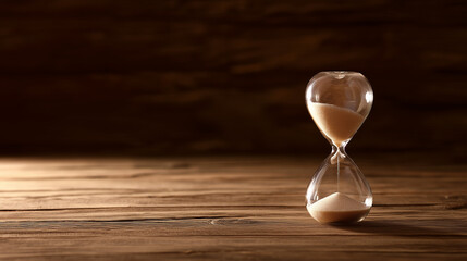A close-up of an hourglass with flowing sand on wood, symbolizing the passage of time with warm lighting.