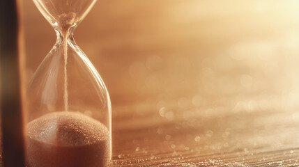A close-up of an hourglass with flowing sand on wood, symbolizing the passage of time with warm lighting.