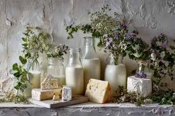 Natural dairy products: milk in bottles, various types of cheese and herbs, reflecting freshness and benefits