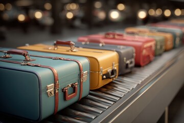 Baggage claim process airport terminal luggage carousel busy environment wide-angle view travel experience