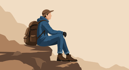 Flat Vector of Hiker Sitting on Rocky Ledge with Backpack