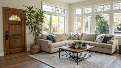 Elegant Living Room with Sectional Sofa, Large Windows, and Stylish Interior Design Elements