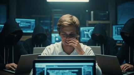 A group of laughing hackers in a dark room with computers and monitors a dramatic and mysterious image of cybersecurity crime and digital technology. Phishing risks.  - Powered by Adobe