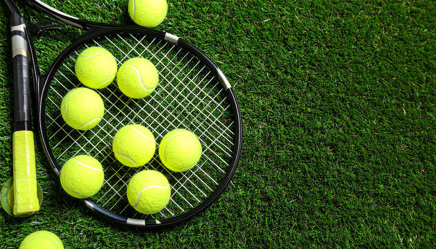 Overhead view of tennis racket and balls on a vibrant green grass court