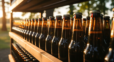 Industrial machine filling dark beer into brown glass bottles in a clean factory. Banner template for brewery, beverage production, manufacturing, and quality control with copyspace.