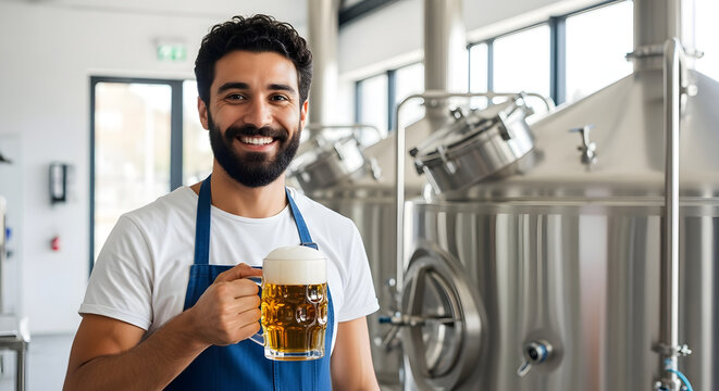 Bearded man in blue apron holding a frothy beer mug in a bright brewery with stainless steel tanks. Banner template for brewery, bar, craft beer, and happy hour ads with copyspace.