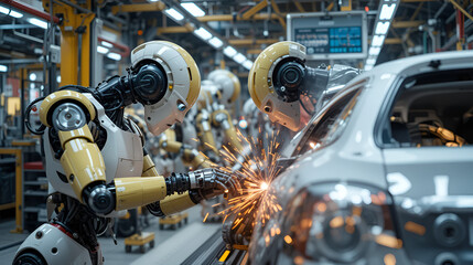 Fototapeta premium Robots welding on car assembly line Robotized industry in the car assembly plant