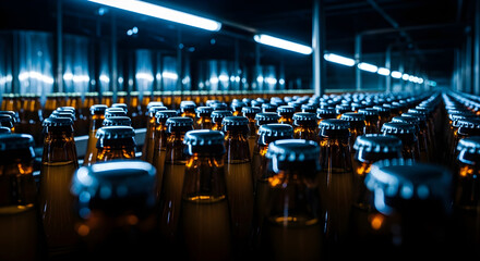 Rows of capped brown glass bottles on a conveyor belt in a bright factory. Banner template for beverage bottling, production, and quality control marketing with copyspace.